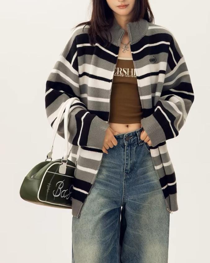 striped stand collar cardigan sweater