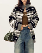 striped stand collar cardigan sweater