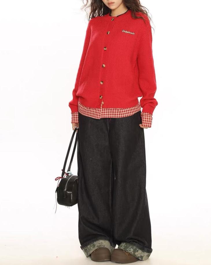 復古短款拼接開衫毛衣