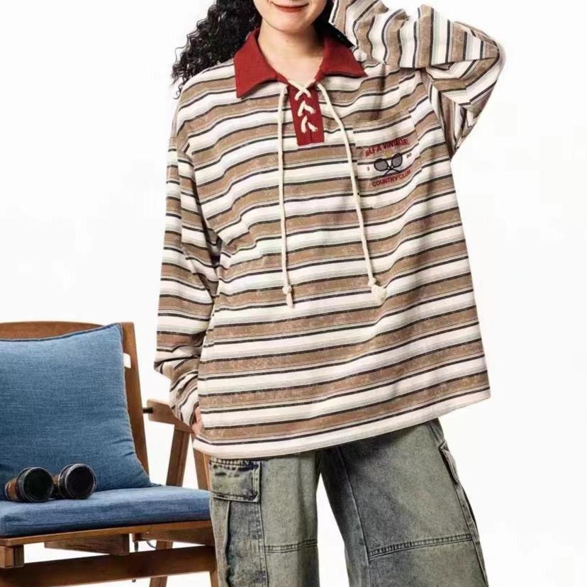 復古條紋情侶撞色polo衫