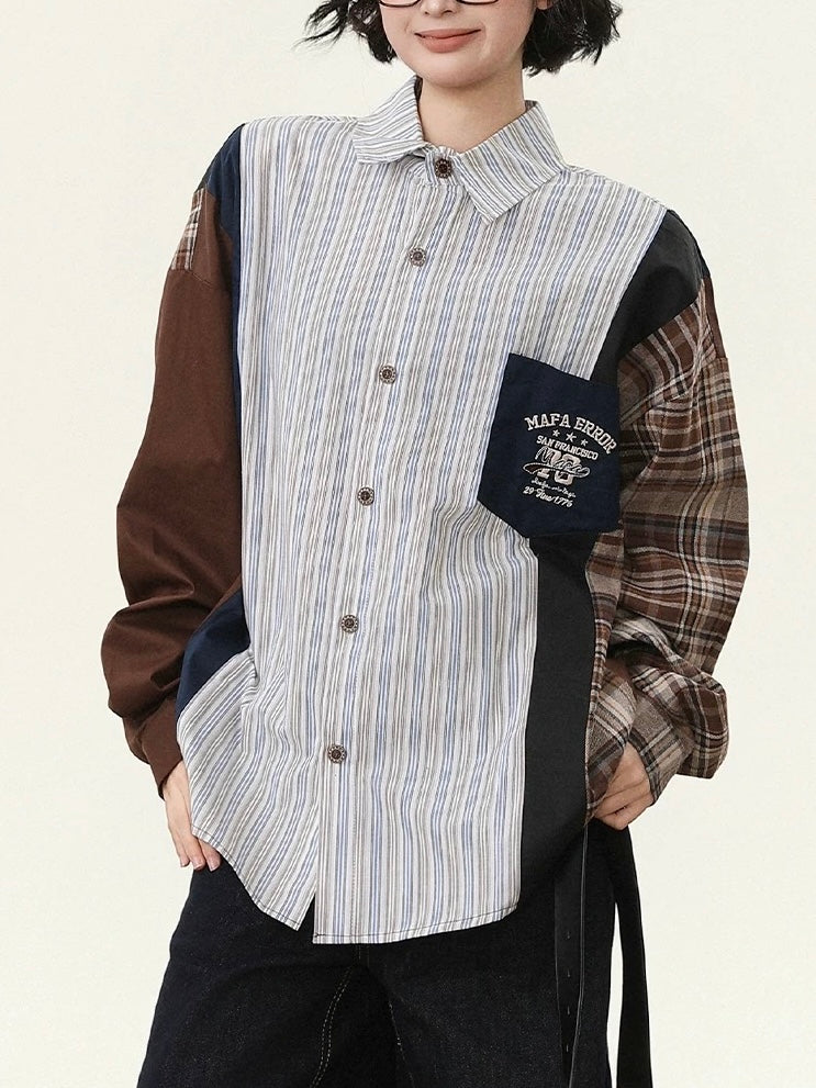 復古拼接撞色條紋襯衫