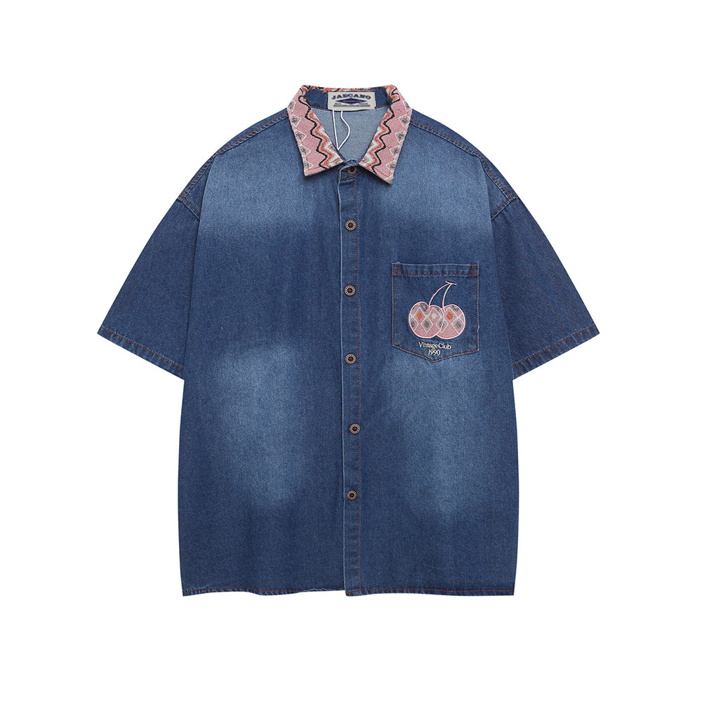 Paneled embroidered denim shirt