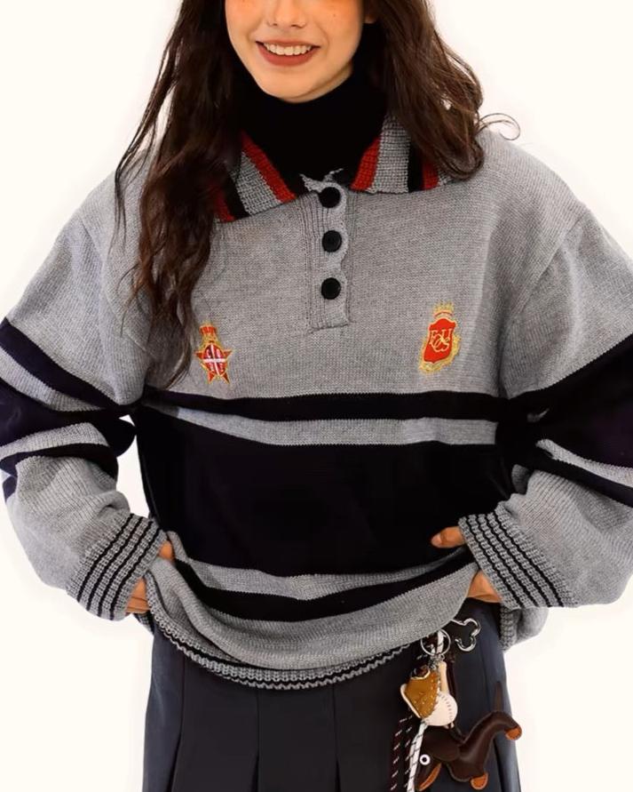 Patchwork contrast color polo sweater