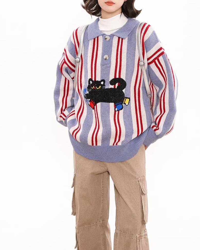 Fun cat lapel sweater