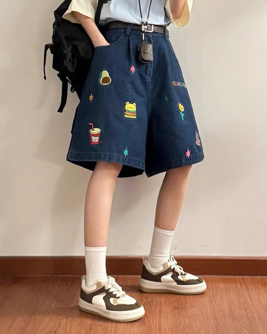 Cartoon embroidered denim shorts