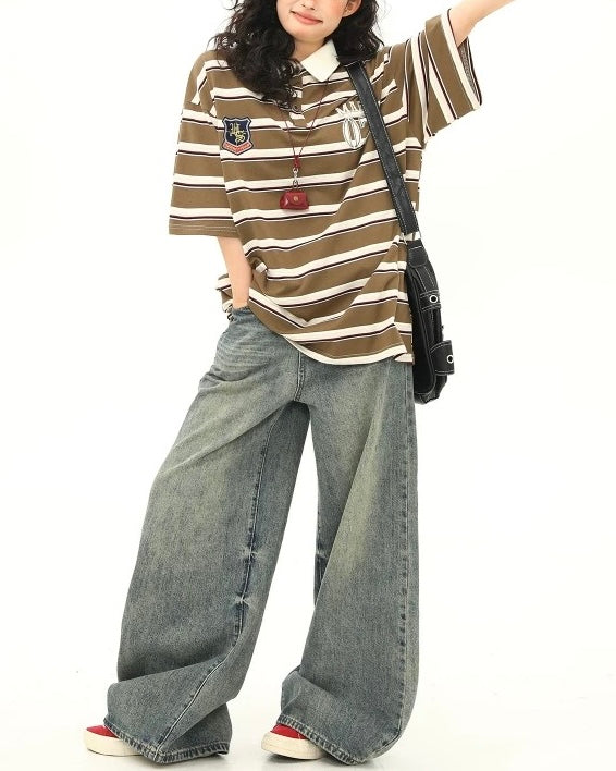 레트로 자수 스트라이프 반팔