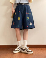 Cartoon embroidered denim shorts
