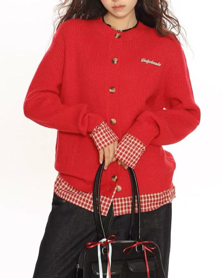 復古短款拼接開衫毛衣