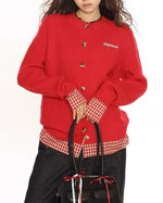 復古短款拼接開衫毛衣