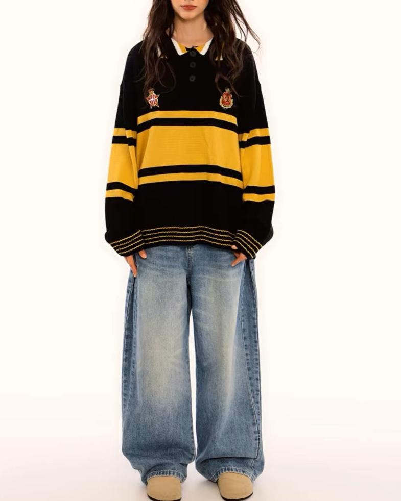 Patchwork contrast color polo sweater