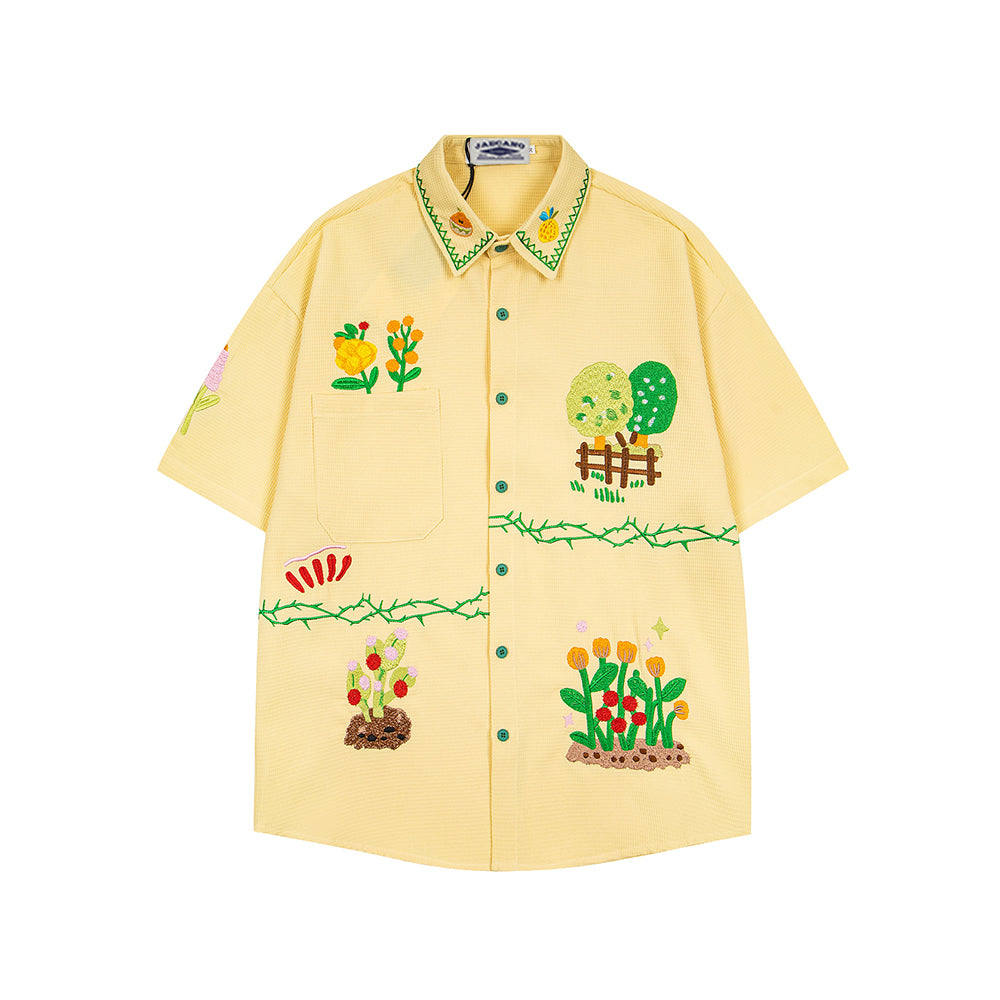 植物刺綉短袖襯衫