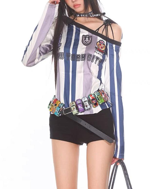 復古豎條紋露肩長袖(女款)