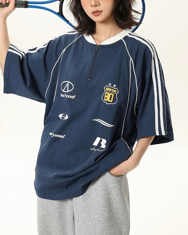 Lettering print half-zip short sleeves