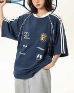 Lettering print half-zip short sleeves