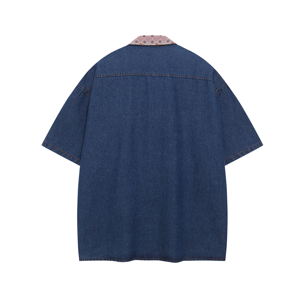 Paneled embroidered denim shirt