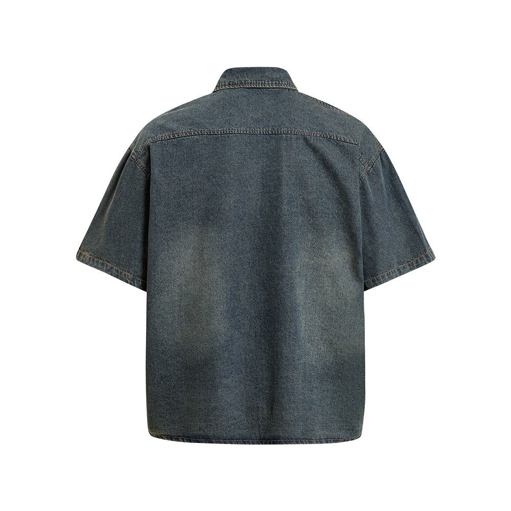 做舊水洗短袖襯衫