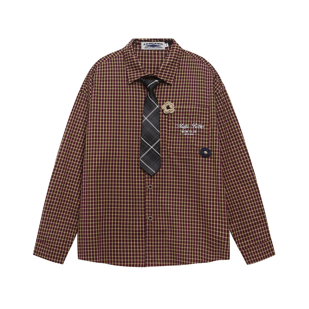 Embroidered plaid long-sleeved shirt