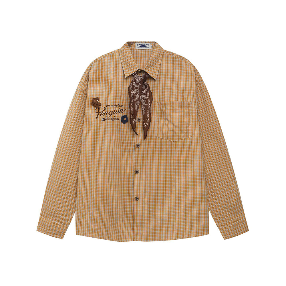 Embroidered plaid long-sleeved shirt