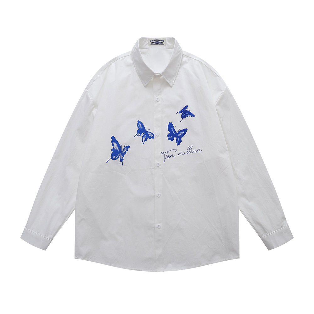 Vintage butterfly print long-sleeved shirt