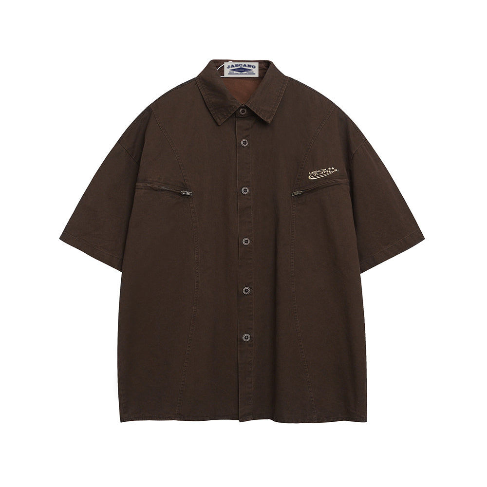 Embroidered zip-up short-sleeved shirt