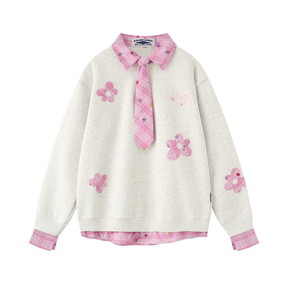 Appliqué patchwork faux two-piece sweatshirt