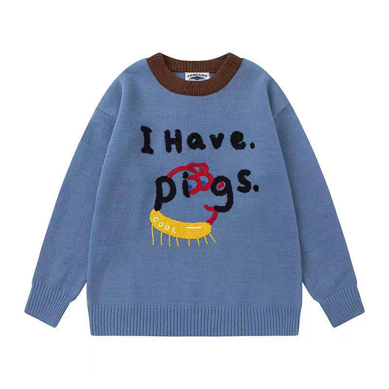 Cartoon Letter Pig Stitching Round Neck Sweater