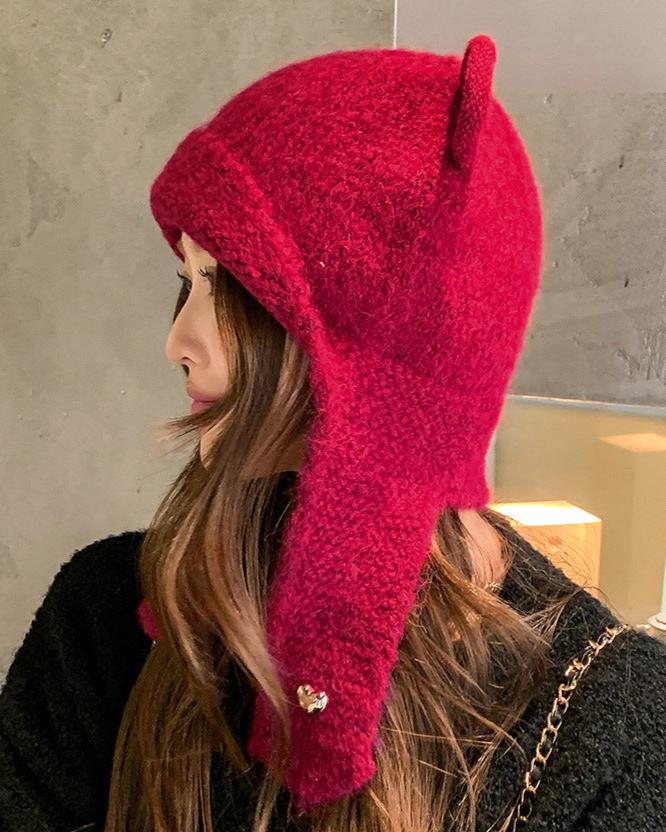 Solid color cute warm ear protection hat