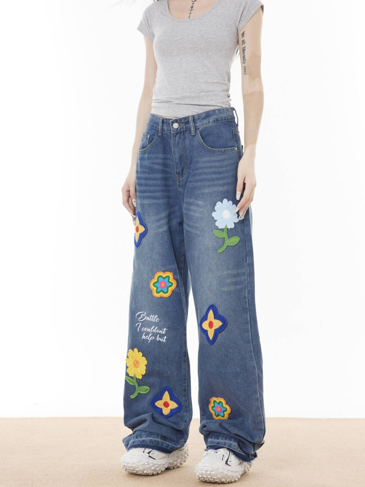 Retro creative embroidered straight denim trousers