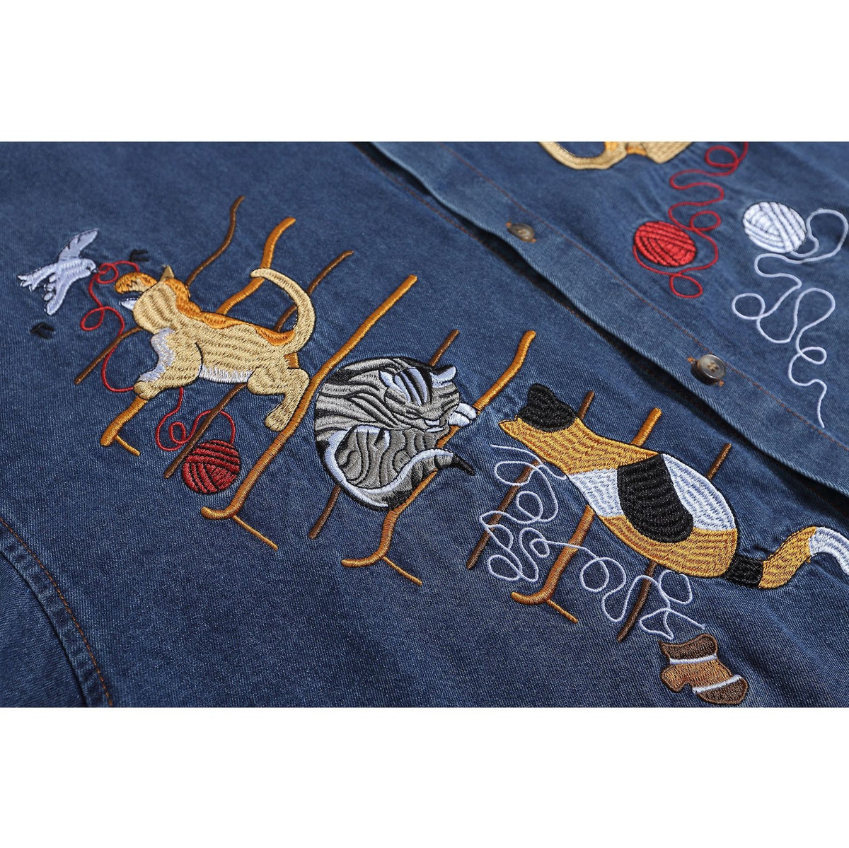 cat embroidered denim shirt