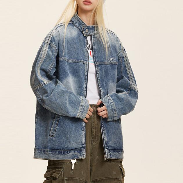 Retro stand collar work denim jacket