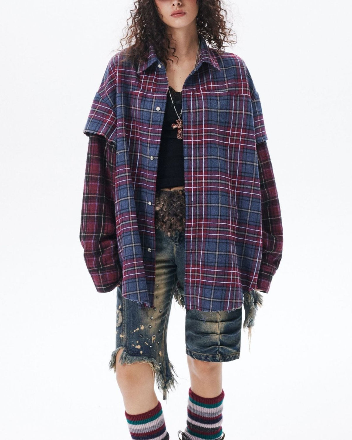 Retro fake two piece plaid shirt