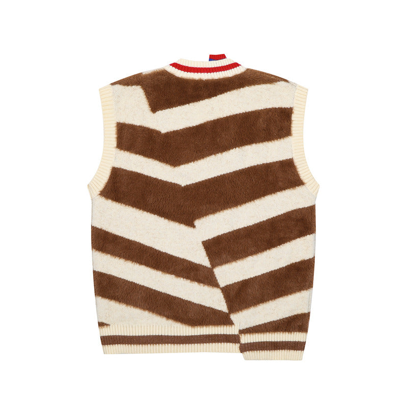 Retro contrast striped V-neck sleeveless sweater