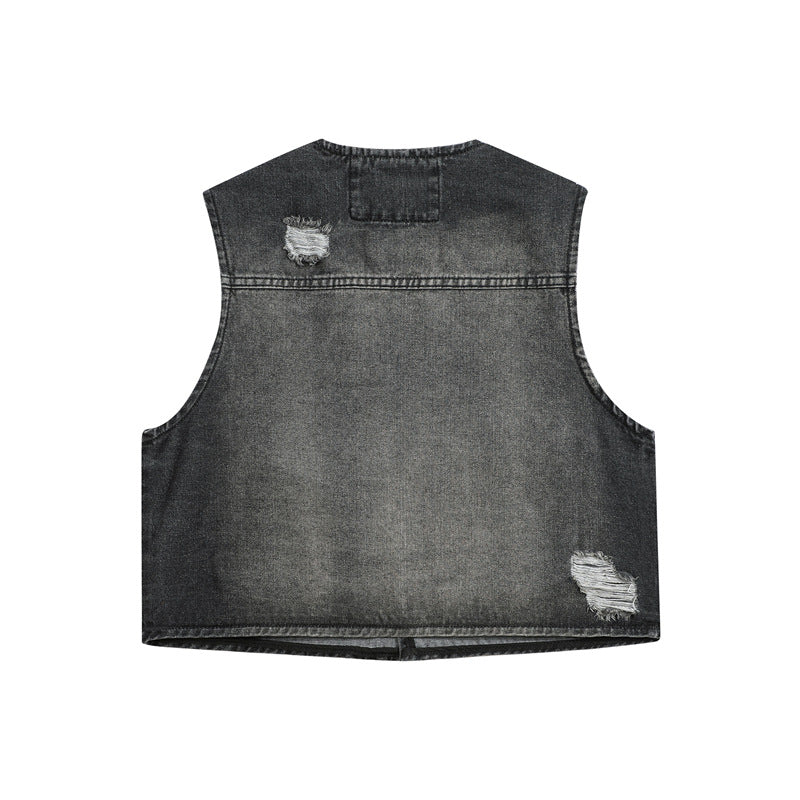 Retro distressed denim vest