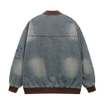 Retro distressed embroidered denim baseball jersey