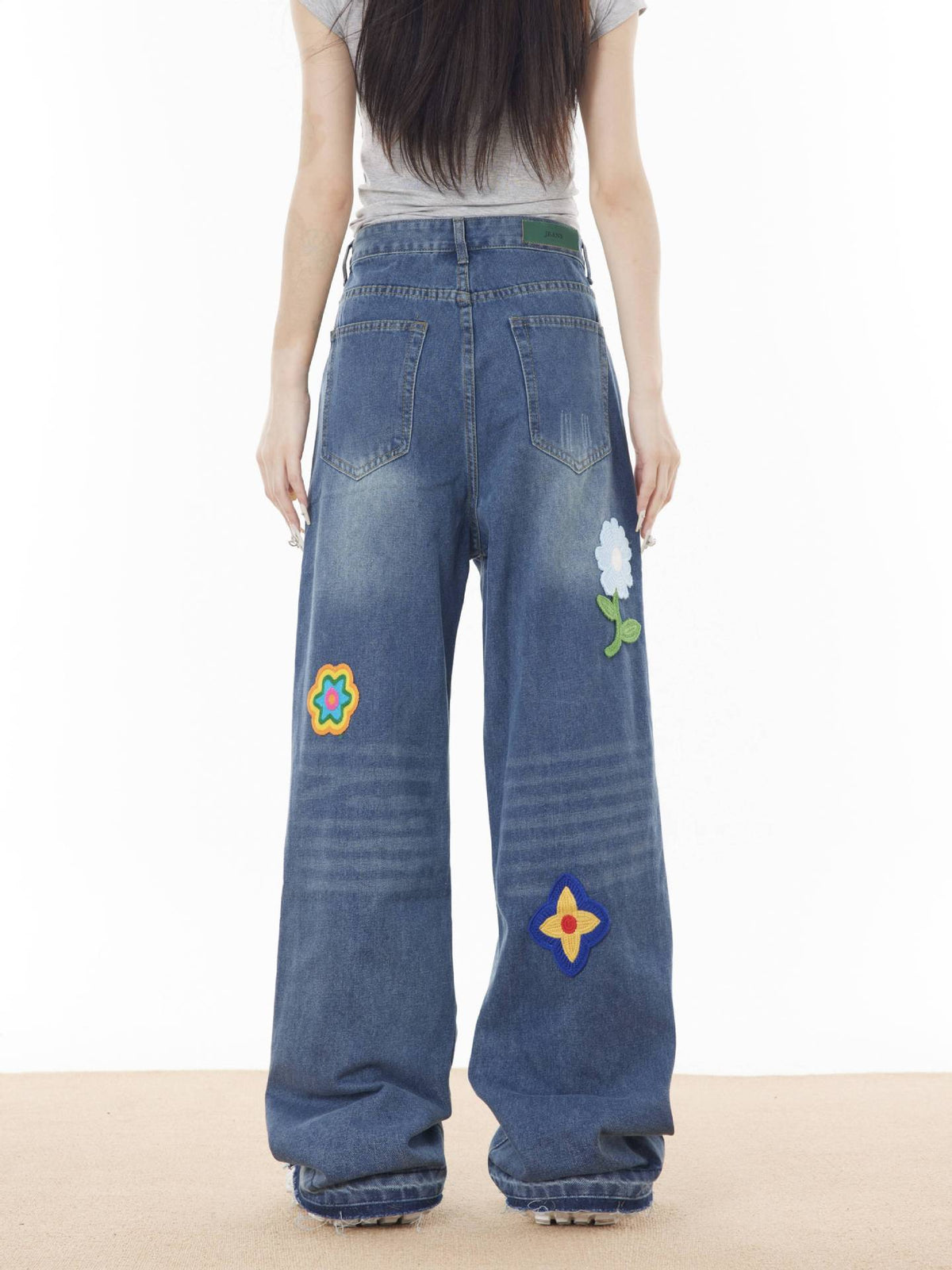 Retro creative embroidered straight denim trousers