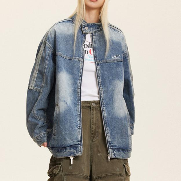 Retro stand collar work denim jacket