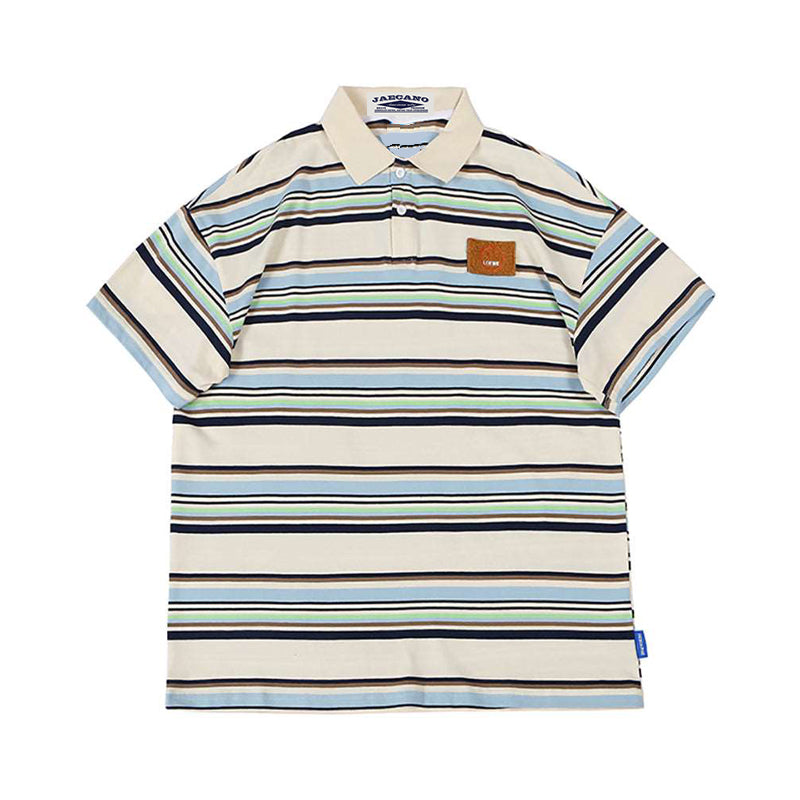 Retro color block striped polo shirt couple short sleeves