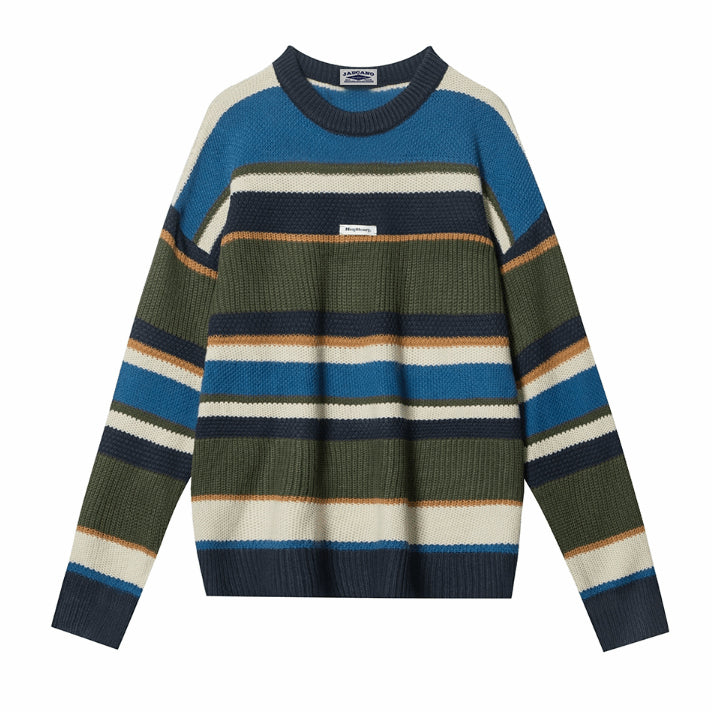 Retro striped loose crew neck sweater