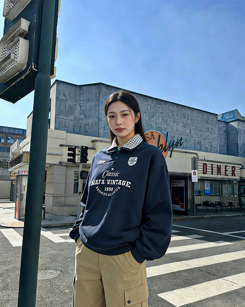 레트로 스타일의 칼라가 있는 인조 가죽 투피스 스웨트셔츠