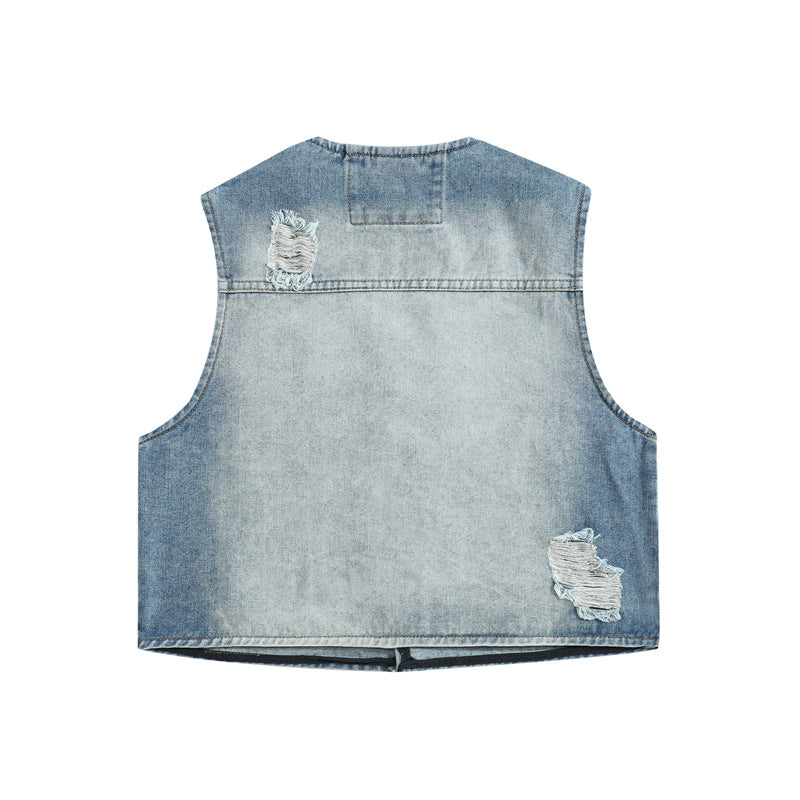 Retro distressed denim vest