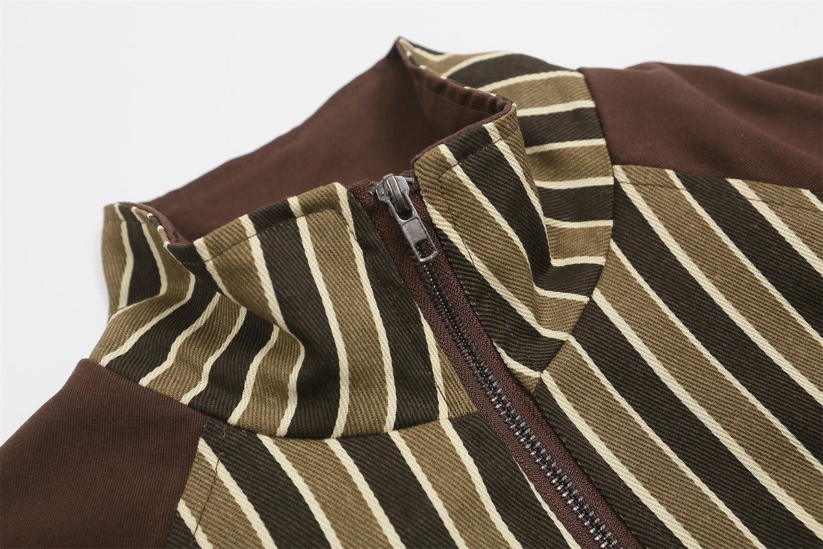 Retro striped stand collar cotton jacket