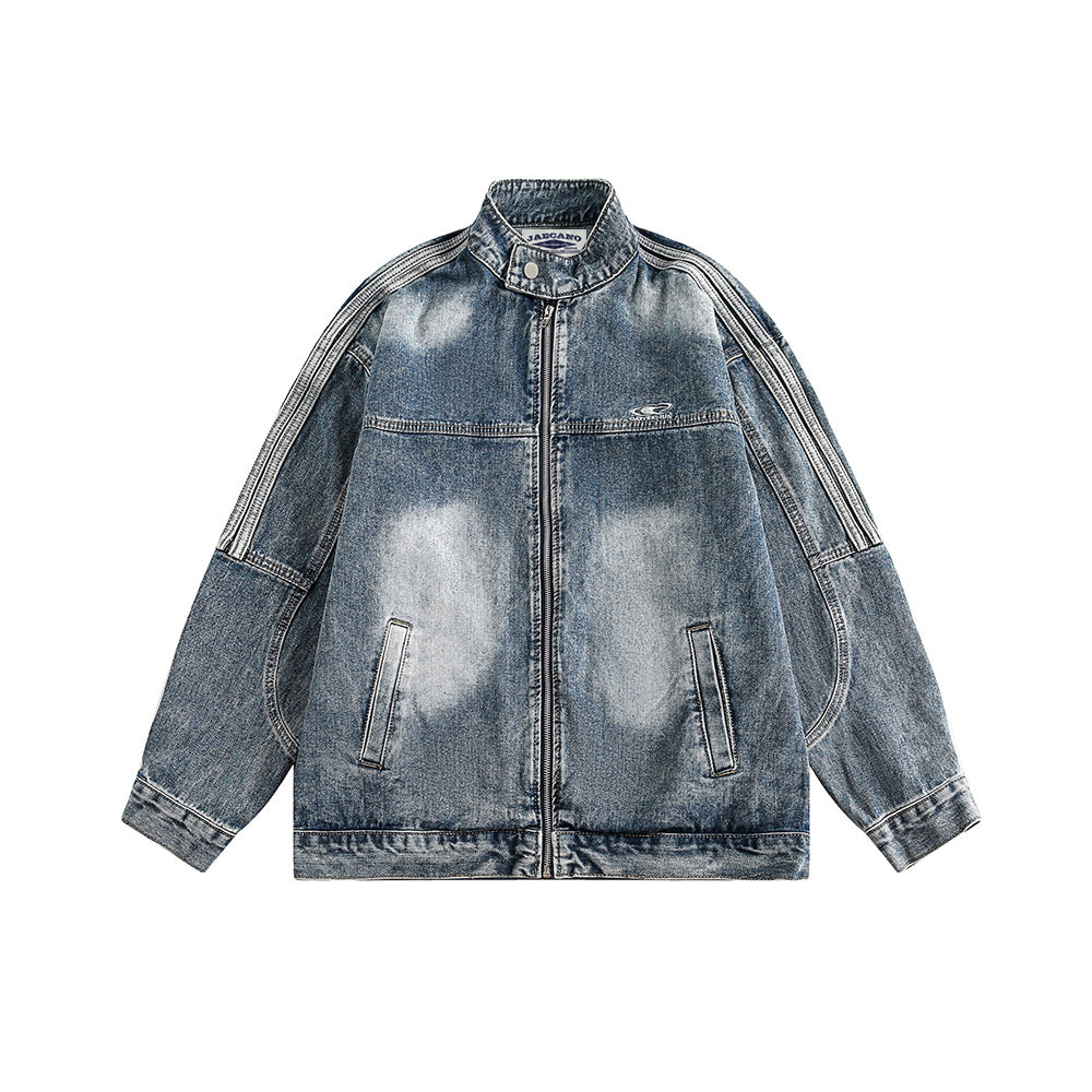 Retro stand collar work denim jacket