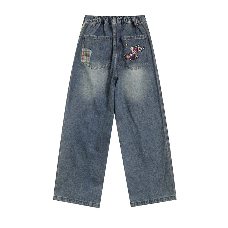 Retro cartoon embroidered washed denim trousers