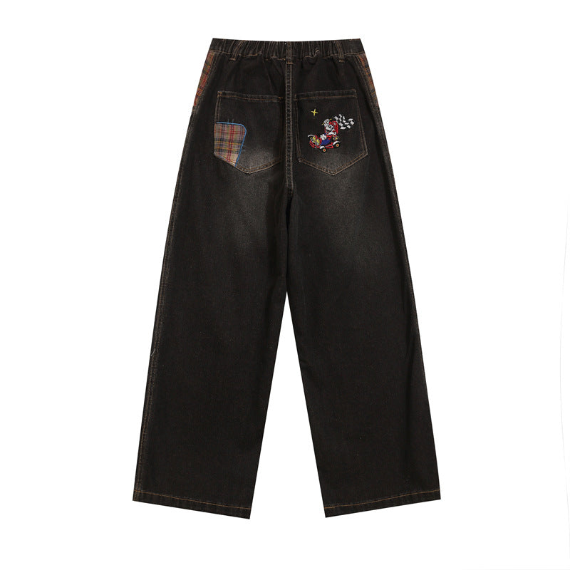 Retro cartoon embroidered washed denim trousers