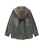 레트로 체크 무늬 패치워크 페이크 투피스 데님 재킷