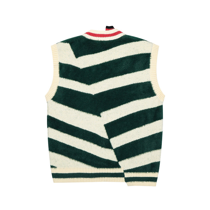 Retro contrast striped V-neck sleeveless sweater