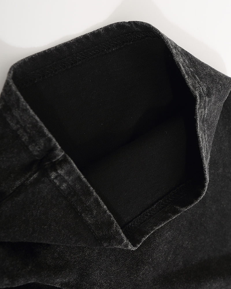 美式水洗做舊花朵翻領短袖