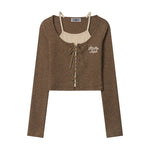 美式假兩件刺綉針織長袖