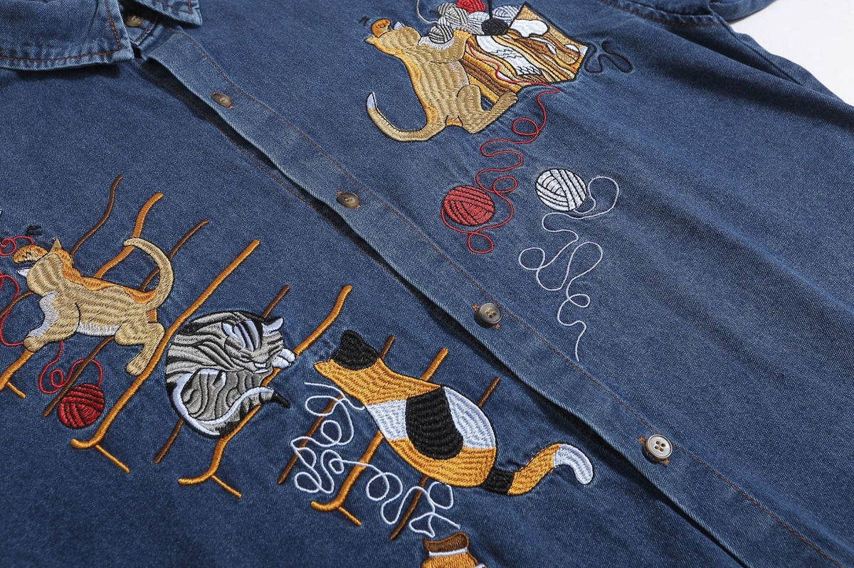 cat embroidered denim shirt