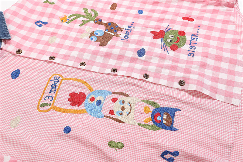 Fun cartoon embroidery patchwork plaid shirt